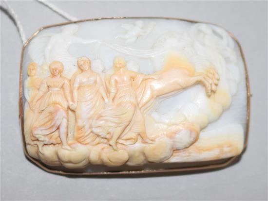 A late Victorian metal mounted carved shell cameo brooch, 52mm.